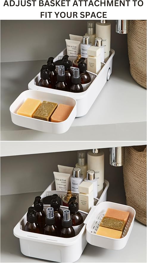 GAROOD Kitchen Under Sink Organizer Cleaning Supply Caddy Storage Bin Under Sink Caddy Rolling Cleaning Organizer with wheels Pull out tray Bathroom Organizers Storage 16.5*8*3.75 in - White 2 pack