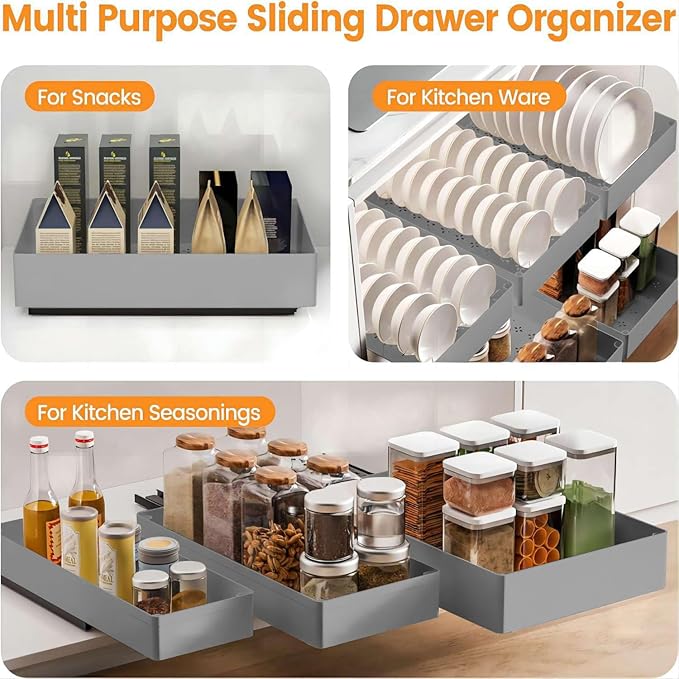 Garvee Expandable Pull Out Cabinet Organizer, 15.75'' Heavy Duty Peel and Stick Roll Out Drawer for Pots and Pans Adjustable Adhesive No Drill Screw Slide Out Drawers for Kitchen Gray