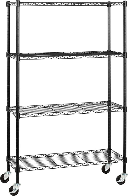 Amazon Basics 4-Shelf Heavy Duty Garage Shelving Storage Unit on 3" Wheel Casters, Adjustable Metal Wire Rack with Leveling Feet, 36" x 14" x 57.75", Black