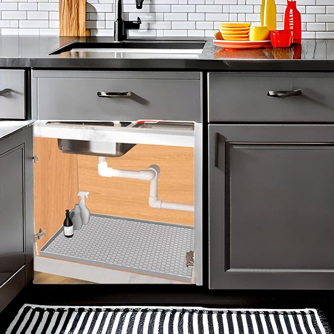 Under Sink Mat 31 x 22, Silicone Under Sink Liner for Kitchen Waterproof Bathroom Cabinet Mat, Light Grey