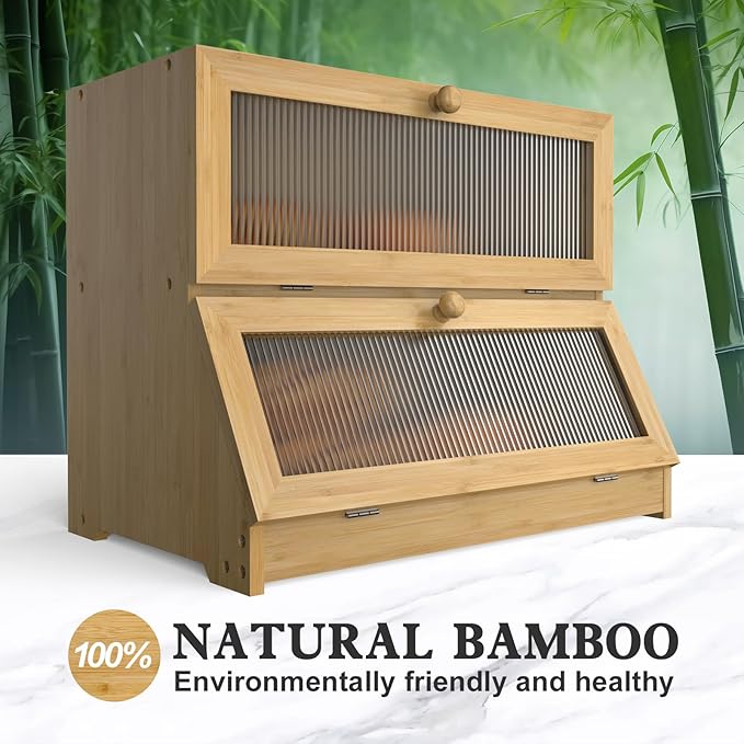 LOHASOK Bamboo Bread Box for Kitchen Countertop, Double Layer Large Bread Storage Container for Homemade Bread with Window & Lid, Bread Keeper Holder,Wood Color