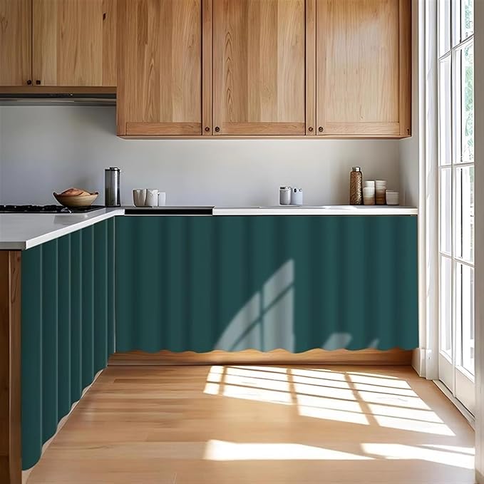 Under Sink Curtain for Closet, Privacy Short Cabinet Curtain Self Stick Adhesive Desk Skirt for Kitchen Classroom, Green, 35" W x 32" L