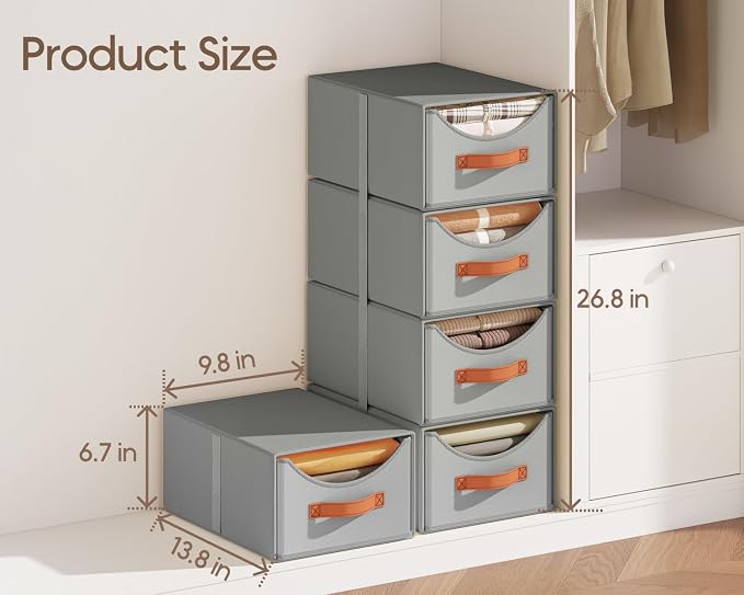Homsorout Stackable Storage Drawers - Collapsible Storage Bins with Drawers, 4 Pack Closet Shelf Organizer Basket, Fabric Pull Out Organizer for Bedroom, Living Room, Dorm, Grey