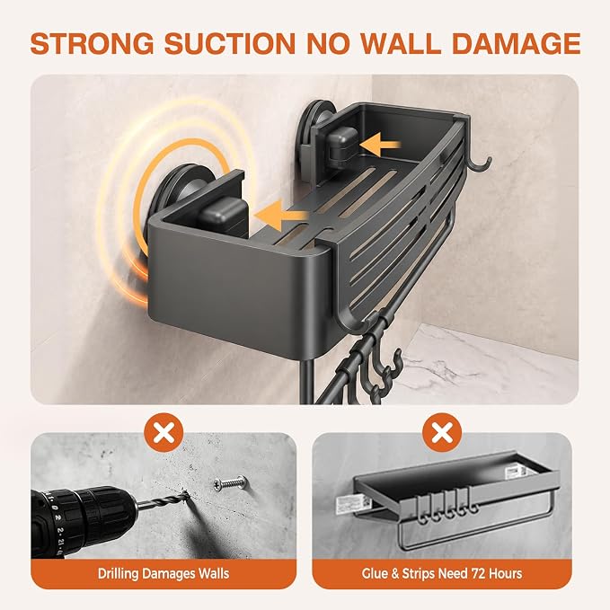 Lekesky Suction Cup Shower Caddy, No Drill Shower Shelf, Aluminum Rust Proof Bathroom Shower Organizer with 12 Hooks (2-Pack, Gunmetal Gray