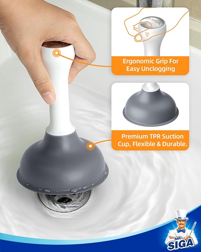 MR.SIGA Mini Drain Plunger, Sink Drain Plunger with Strong Suction, Compact Design, Powerful Small Plunger for Bathroom Sinks, Kitchen Sinks, Tubs, Shower Drains, Length 6.3 Inch(16 cm), White & Gray