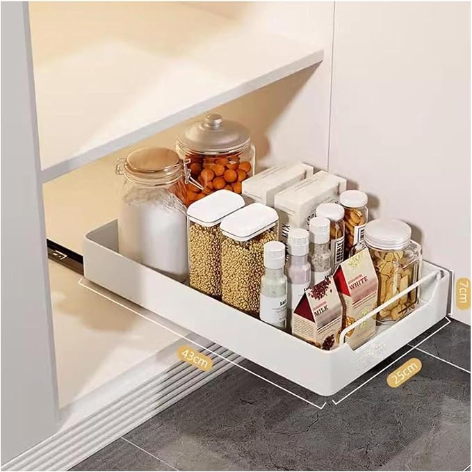Pull Out Cabinet No Drill No Nails Sliding Storage Solution for Kitchen & Bathroom White 43x30x7cm Easy to Install Space Saving Design，White 43 * 25 * 7cm