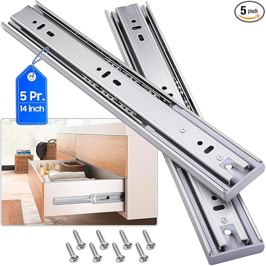 Soft Close Stainless Steel Drawer Slides 5 Pairs Full Extension 10 12 14 16 18 20 22 24 inch Side Mount Dresser Cabinet Replacement Ball Bearing Rails Runner 100LB (Stainless soft close 14Inch)