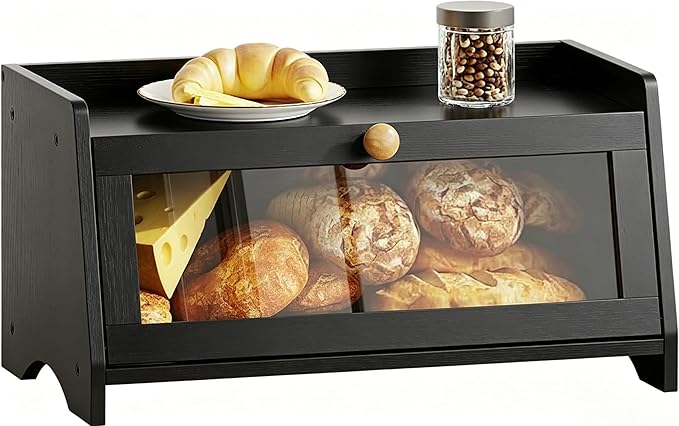 BAMBANG Bread Box for Kitchen Countertop, Bamboo Bread Box for Homemade Bread, Wooden Farmhouse Bread Storage Container, Large Breadbox Bread Bin Organizer for Counter Cabinet Pantry, Black