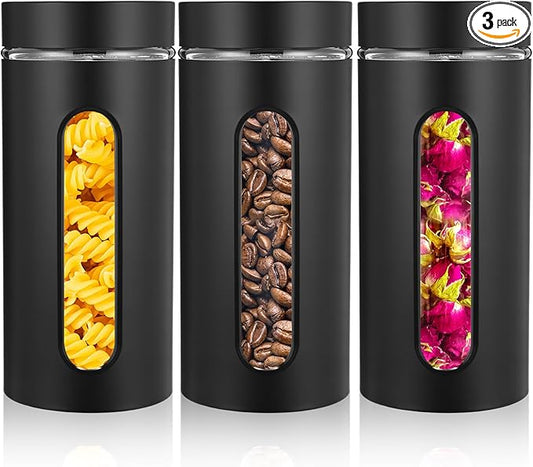 Mimorou 3 Pcs Stainless Steel Canister Set with Glass Windows Visible Storage Jars Silver Kitchen Canister Set for Pasta Flour Oat Sugar Container, Kitchen Tools, Housewarming Gifts(Black,44 oz)