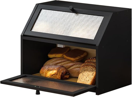 STDDRE Bread Box for Kitchen Countertop Bin Double Layer Bread Box Storage Container Extra Large Capacity Farmhouse with Diamond Pattern Windows (Black, Large)