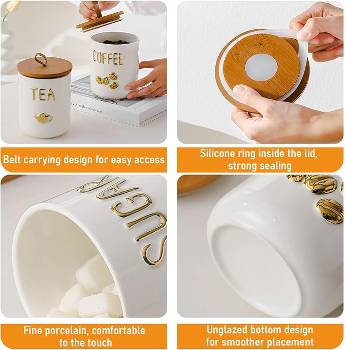 jessie 27oz Ceramics Coffee Canisters with Airtight Seal Bamboo Lid Silicone,Coffee Bean Storage for Kitchen Countertop,Food Storage Jars for Coffee Bean Ground Coffee (Sugar)