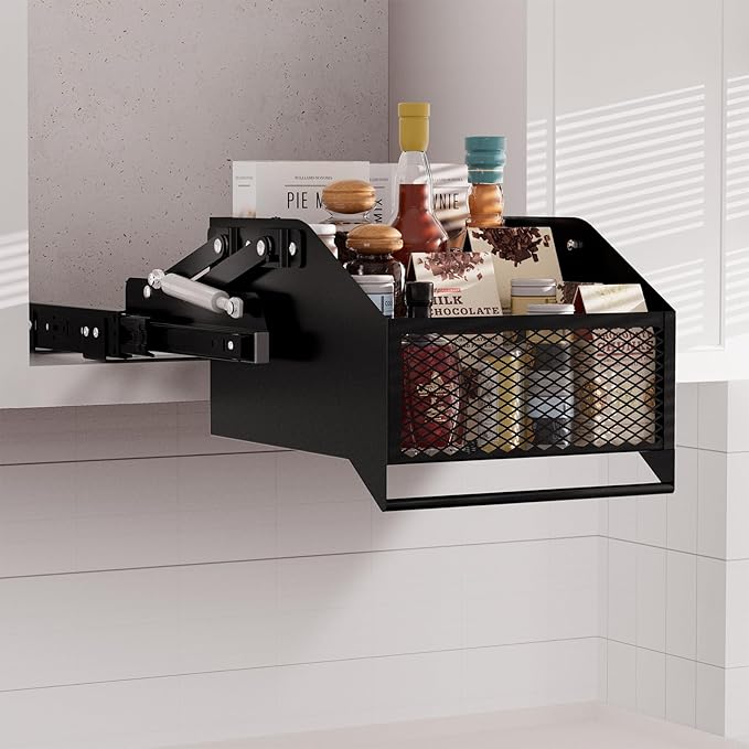 HOUSE AGAIN Pull-Down Cabinet Organizer for High/Deep Cabinets, Drop Down Spice Rack, 12.6" Out & 1.8" Down, Dual Install (Screw/3M Tape), Fits Frameless, for Spices, Snacks and Small Bottles (Black)