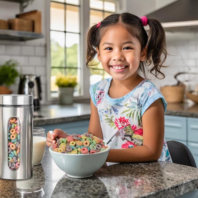 Kitchen Canisters By Home Basics | Retro-Styled For Kitchen Counter | Stainless Steel and Glass | With See-Through Windows (Silver), 4 Pieces, For Flour, Coffee, Sugar, and Dry Ingredients