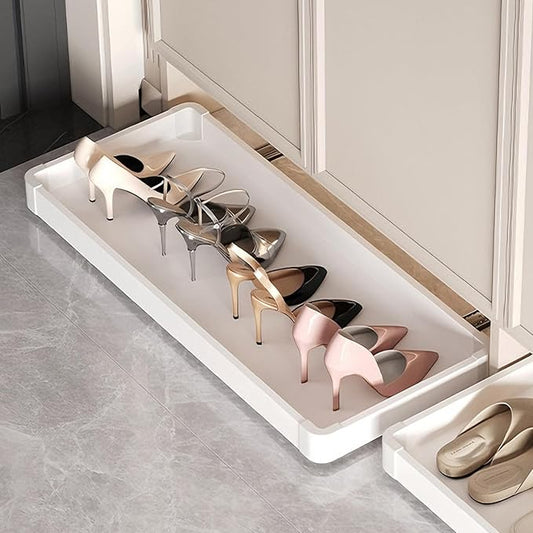 Under-Cabinet Pull Out Shoe Rack, Push-to-Open Sliding Storage Tray for Entryway/Closet, Hidden Kick-to-Open Shoe Organizer, No-Drill Installation, Durable Aluminum Frame