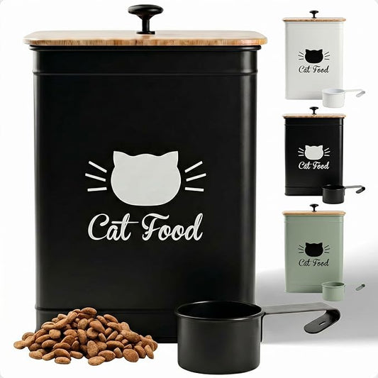 Cat Food Storage Container with Scoop - 5-7 lb (25 Cup) Capacity Metal Cat Food Container with Airtight Bamboo Lid and Metal Scoop - Airtight Pet Food Storage Containers 5 lb - 7 lb Kibble Container