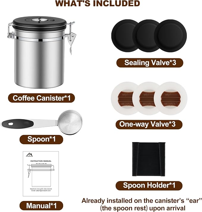 ShanSon Coffee Canister Airtight, Stainless Steel Bean Storage Container with Date Tracker & Scoop, Grounds Sugar Flour Tea Cereal Fits Kitchen Pantry, Ideal Gift for Coffee Lovers,12oz,Silver