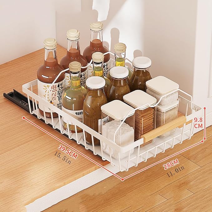 Takywep Pull Out Cabinet Organizer, No Drill Adhesive Pull Out Drawers, Pantry Organizers with 2 Iron Wires & Quiet Rails, Slide Out Cabinet Organizer for Bathroom, Kitchen, Pantry, White