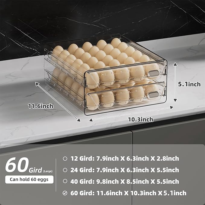 HIYOHIYO Clear 60 Egg Holder for Fridge, High Capacity Egg Container for Refrigerator, Stackable Egg Storage Trays for Countertop, Eggs Organizer for Refrigerator (11.6"x 10.2"x 5.1")