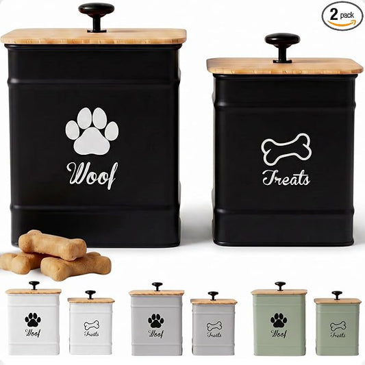 Dog Treat Container Airtight Set of 2 - 8x6 & 7x5 inch Iron Dog Treat Jars for Kitchen Counter with Airtight Bamboo Lids - 20 Cup Capacity Pet Treat Container Set - Doggie Cookie Jar - Treats Canister