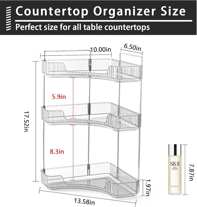 shuang qing 3-Tier Corner Bathroom Counter Organizer – Classic Storage Shelf for Makeup, Perfume & Toiletries, Space-Saving Countertop Tray Fits Bathroom, Dresser, Kitchen (Slate Gray)