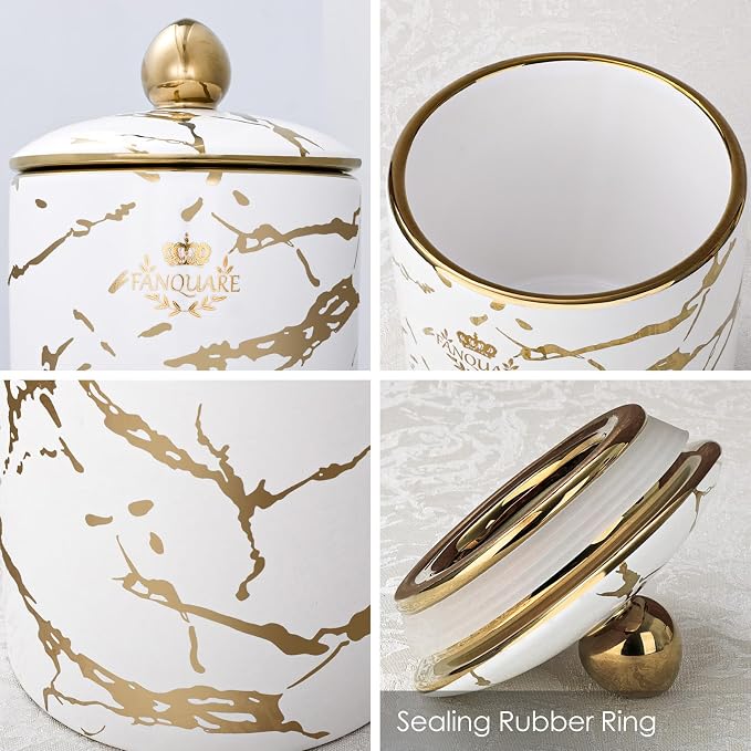 fanquare Small Vintage Porcelain Canister, Normal Size 30 Ounces Ceramic Jar, Nordic White and Gold Countertop Container for Sugar, Tea, Coffee Ground