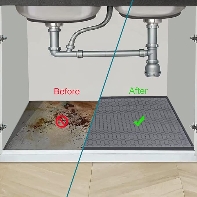 Under Sink Mat 31 x 19, Silicone Under Sink Liner for Kitchen Waterproof Bathroom Cabinet Mat, Grey