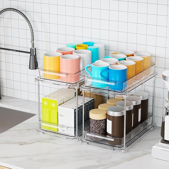 Pull Out Cabinet Organizer Drawers, 2 Tier Vertical Sliding Kitchen Rack with Clear Storage Bins for Seasonings, Easy Install No Drill Adhesive Under Counter Bathro