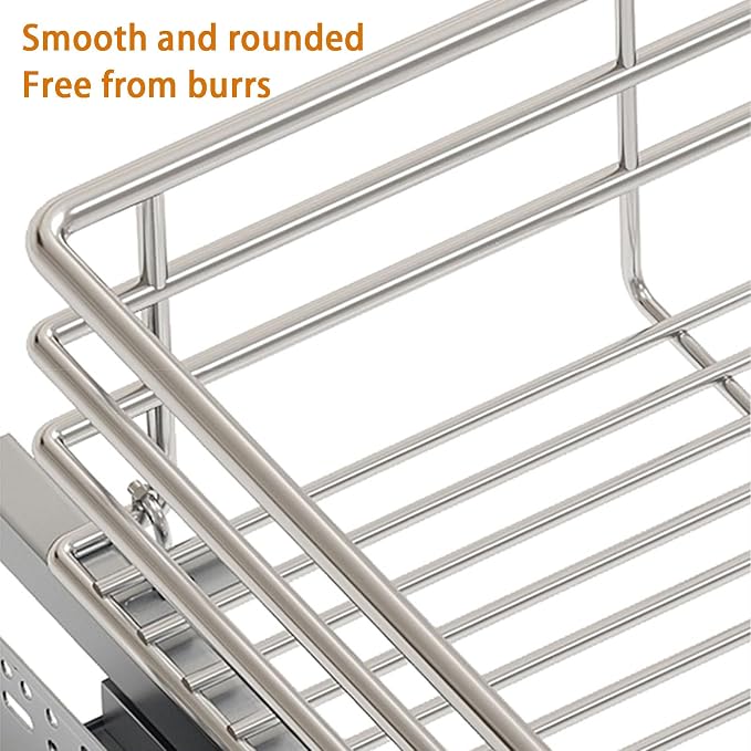 2 Pack Pull Out Cabinet Organizers with Removable Drip Tray, Slide Out Wire Storage Drawers, Heavy Duty Stainless Steel Gliding Cupboard Shelves for Kitchen, Under Sink, Bathroom