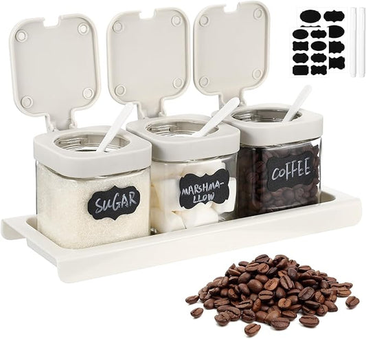 Suclain 3 Pcs Glass Coffee Containers Coffee Station Organizer Set, Airtight Bean Storage Jars with Shelf,labels,spoon, Base and Pen,for Sugar, Candy, Oats, Nuts(White)