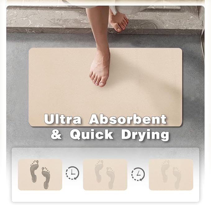 TYUU Bathroom Mat Quick Dry, Bathroom Rugs Non Slip Washable Thin Absorbent Bath Mat Fits Under Door Bathroom Floor Mat Perfect for Bath, Shower, or Sink 24"x48" Beige