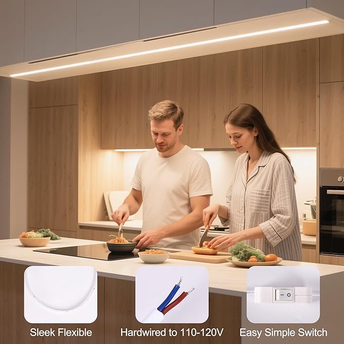 cambk 48inch Hardwired Under Cabinet Lighting for Kitchen,120V Wired Undercounter Led Strip Lights 6000K White Waterproof, Luces para Cocina Bajo Gabinete Under Shelf Lights for Sink/Workbench