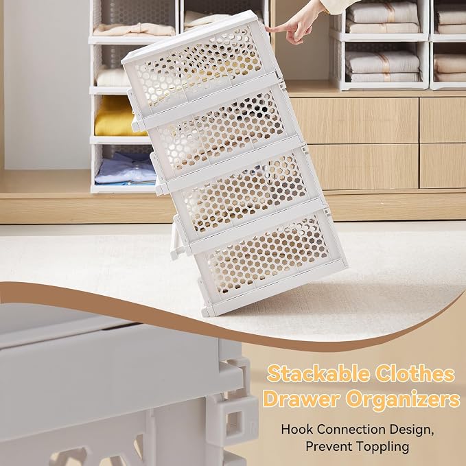 Pull-out Plastic Storage Basket with a Lid,Stackable Closet Organizers Drawer Anti-Tipping,Stable Shelf Container for Bathroom Laundry Room Storage, Space-Saving Clothes Storage ,White Gray,2 pack