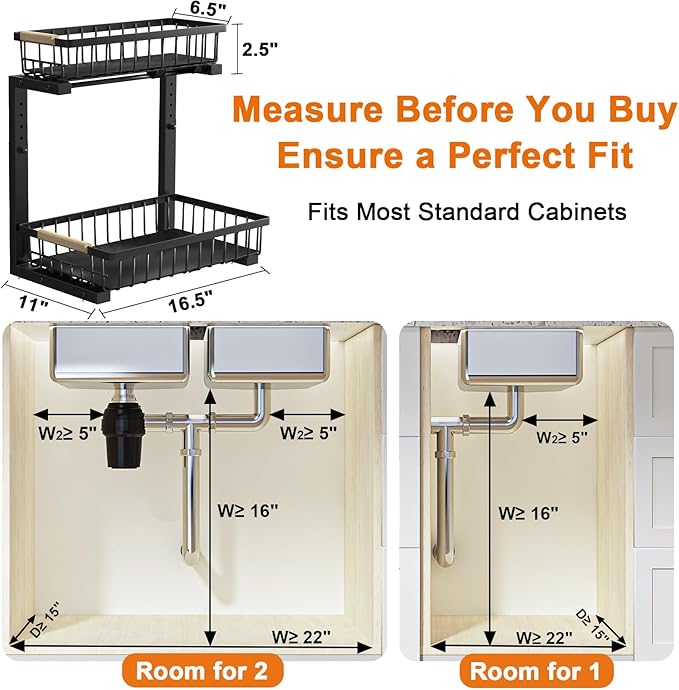 REALINN Under Sink Organizer, Height Adjustable 2 Tier Pull Out Cabinet Storage, L-Shaped Drawer Organizer for Kitchen Sink Organizer, Bathroom Organizers and Storage, Smooth Sliding Rails, Black