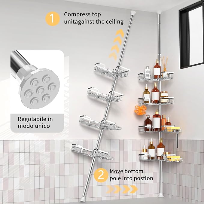 Shower Caddy Corner for Bathroom, Tension Pole, Adjustable 25in-114in Floor to Ceiling, Standing Shower Tension Rod Organizer, 4 Tier Storage Shelves with 2 Soap Holders/Hanging or Adhesive, Silver