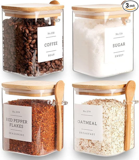 CZZGSM Set of 4 Square Glass Jar with Bamboo Lids and Spoons – Airtight 27 oz Borosilicate Glass Food Storage Contaienrs with 132 Kitchen Pantry Labels for Coffee, Tea, Sugar