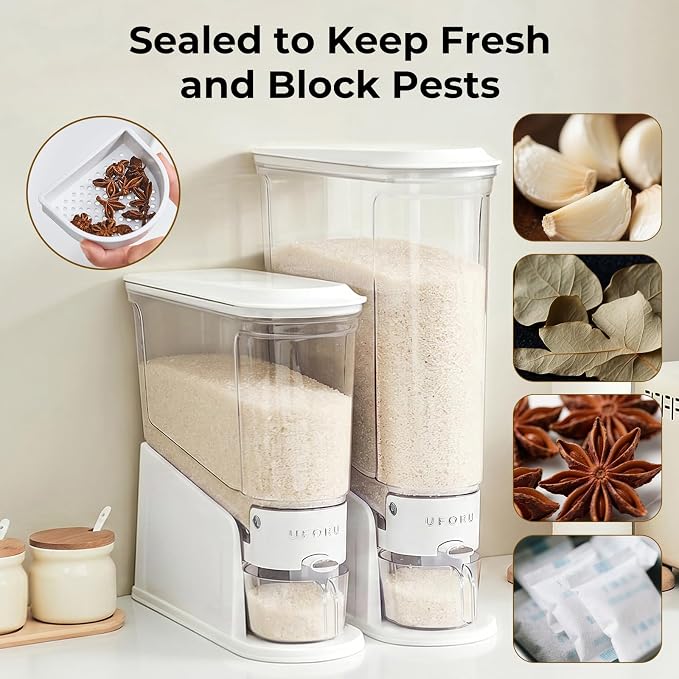UFORU Rice Dispenser 22Lbs, Slim Rice Storage Container for Small Space, BPA-Free Clear Dry Food Dispenser Sealed Moisture Proof, Grain&Cereal Storage Bucket for Kitchen Pantry Household, White