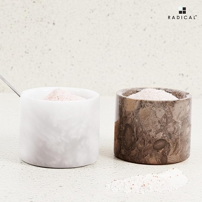 Radicaln Marble Salt Cellar with Lid and Tray 3" Inch Oceanic and White Handmade Salt Dish For Kitchen Countertop, Ideal Set of 2 Seasoning Jars & Table Salt Container For Table