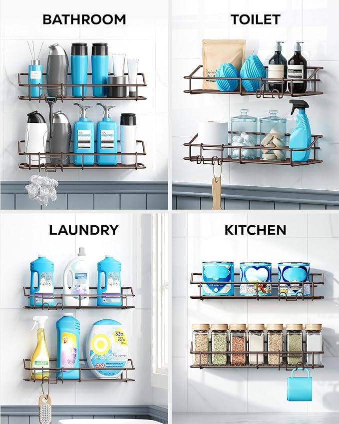 Nieifi Shower Caddy Shelf Storage Rack Adhesive Without Drilling Stainless Steel with Hooks for Washroom, Lavatory, Restroom, Toilet, Bathroom, Kitchen - 2 Pack Bronze