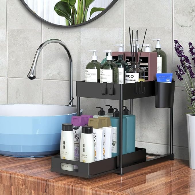 2 Pack Under Sink Organizer, Kitchen and Bathroom Under Sink Organizers and Storage with Pull out Bottom Drawer, Strong Built More Storage Multi-Purpose Organizer with Cups and Hooks