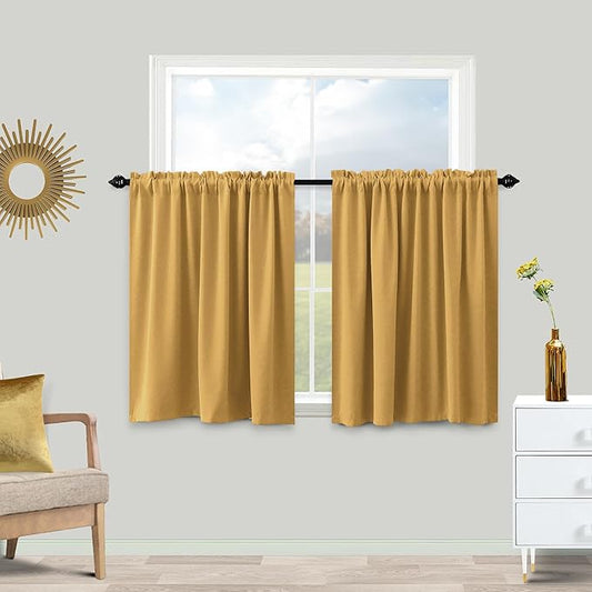 KOUFALL Sun Light Gold Kitchen Curtains 30 Inch Length Set of 2 Pack Rod Pocket Short Curtains for Small Bathroom