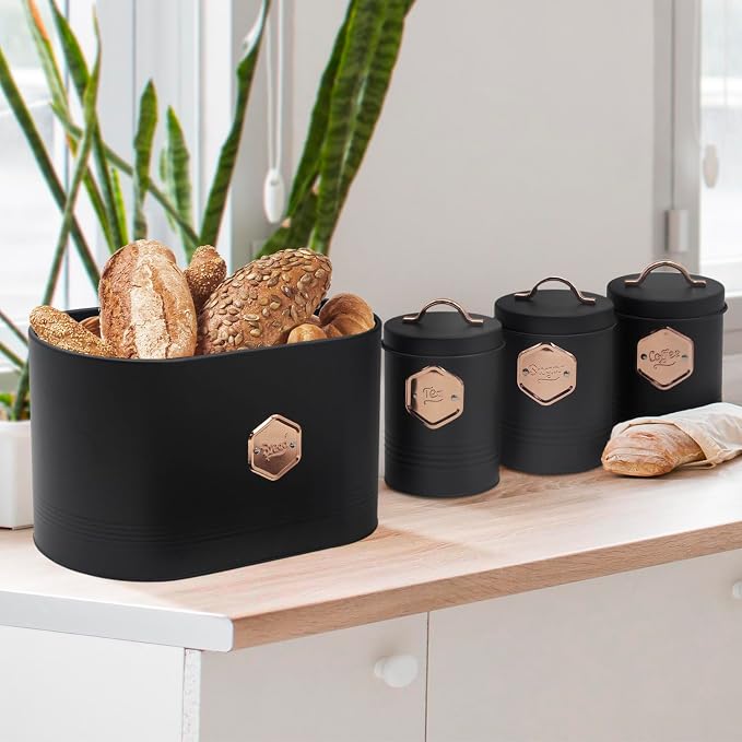 Plexon Bread Box for Kitchen Countertop with 3 Coffee, Tea, Sugar Canisters, Metal 4-Piece Bread Box Set with Lids and Cooper Labels, Black, BBCP4STBK
