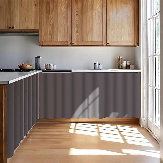 Under Sink Curtain for Closet, Privacy Short Cabinet Curtain Self Stick Adhesive Desk Skirt for Kitchen Classroom, Grey, 35" W x 20" L
