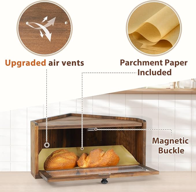 Sunhoo Bread Box for Kitchen Countertop Wooden Corner Breadbox Counter Food Storage Bin Container Farmhouse Rustic Homemade Bread Fresh Keeper Organizer Holder Vintage Stackable with Window (Brown)