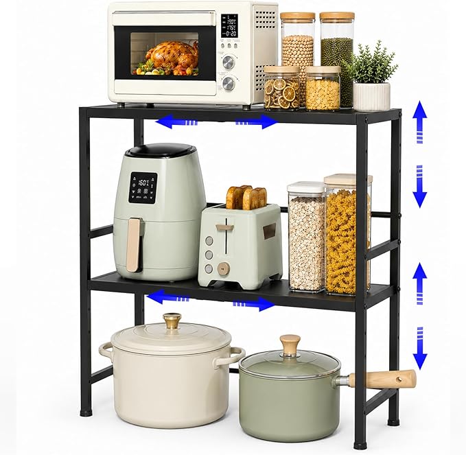 Expandable Metal Storage Shelves, 300 LBS Heavy Duty Metal Shelving Unit Rack For Pots And Pans Appliances Heavy Items, Adjustable 2 Tier Storage Shelf Rack Organizer For Kitchen Pantry Garage Laundry