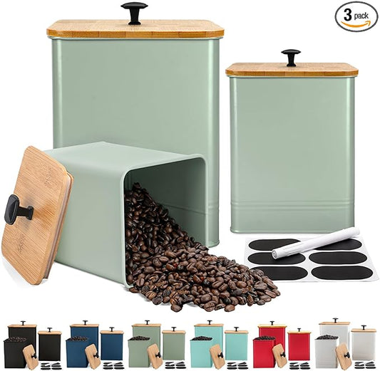 Kitchen Canisters Set of 3, Metal Flour Sugar Storage Containers with Airtight Lids-Canisters Sets for Kitchen with Customizable Chalkboard Labels & Marker Pen-Spice, Coffee Storage Jars(Saga Green)
