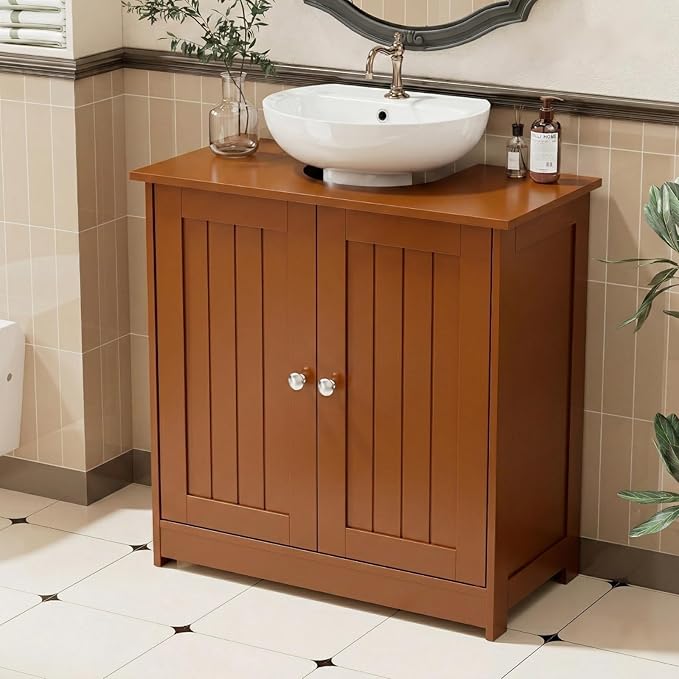 Bonnlo Pedestal Sink Storage Cabinet, 24" Espresso Under Sink Bathroom Storage Cabinet with 2 Doors and Adjustable Shelf, Traditional Bathroom Space Saver Organizer for Small Spaces, Water-Resistant
