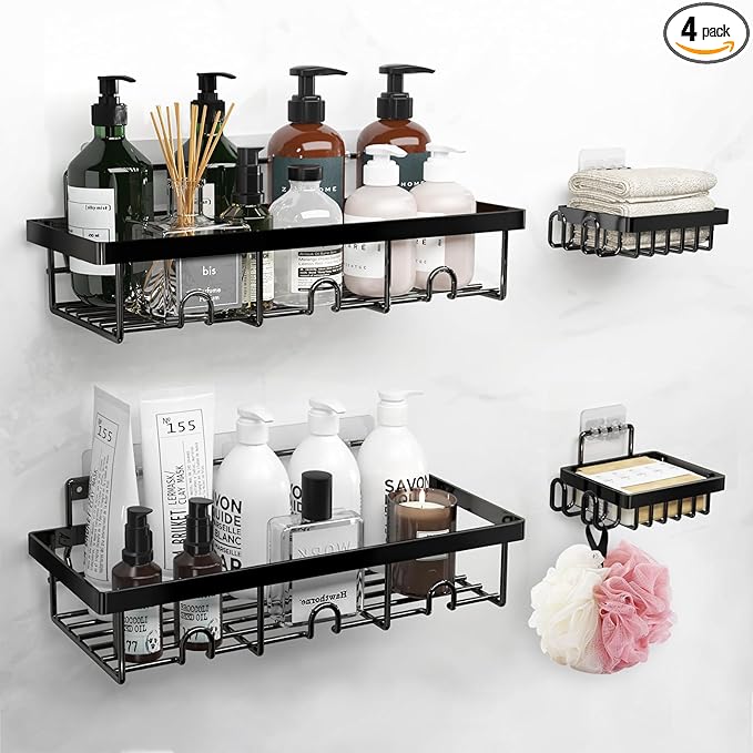 Adhesive Shower Caddy 4-Pack, Rustproof Stainless Steel Shower Organizer, Shower Shelves for Inside Shower Storage, Heavy-Duty No-Drill Rack with Built-in Hooks for Bathroom & RV