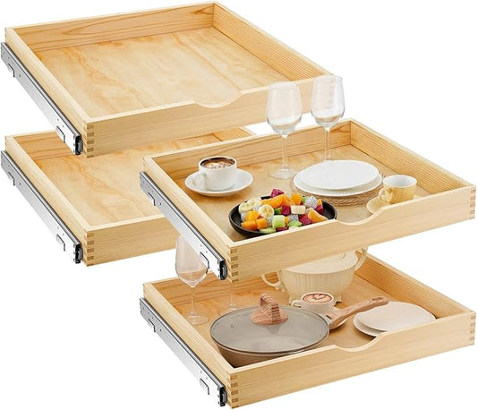 Sintuff 4 Pack Wooden Pull out Tray Cabinet Organizer Gentle Close Roll out Shelves for Kitchen Cabinets Fully Assembled Slide Pantry Shelves (24'' X 21'')