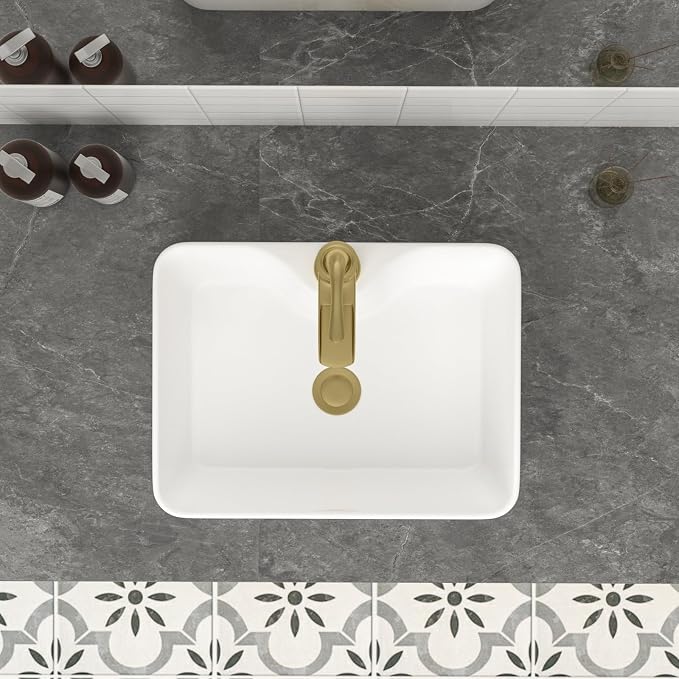 Mocoloo 16 Inch Rectangle Vessel Bathroom Sink with Faucet Hole 16"x12" White Ceramic Bathroom Sinks Above Counter Porcelain Hand Basin for Lavatory Room Rectangular Vanity Top Sink