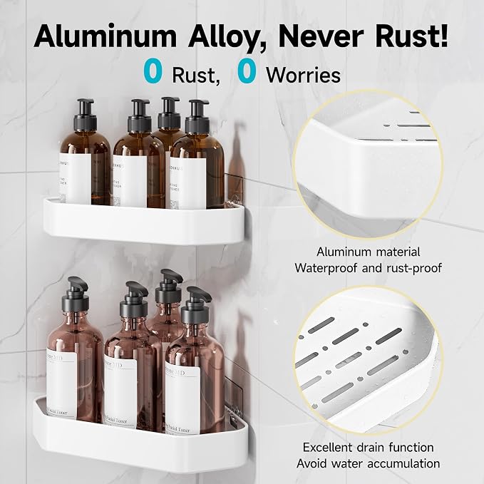 Veken Aluminum Corner Shower Caddy 4-Pack, Never Rust, No Drilling Adhesive Shelves, Stainless Rack with Soap Holder, Bathroom Organizers and Storage, Wall-Mounted Kitchen & Home Decor, White
